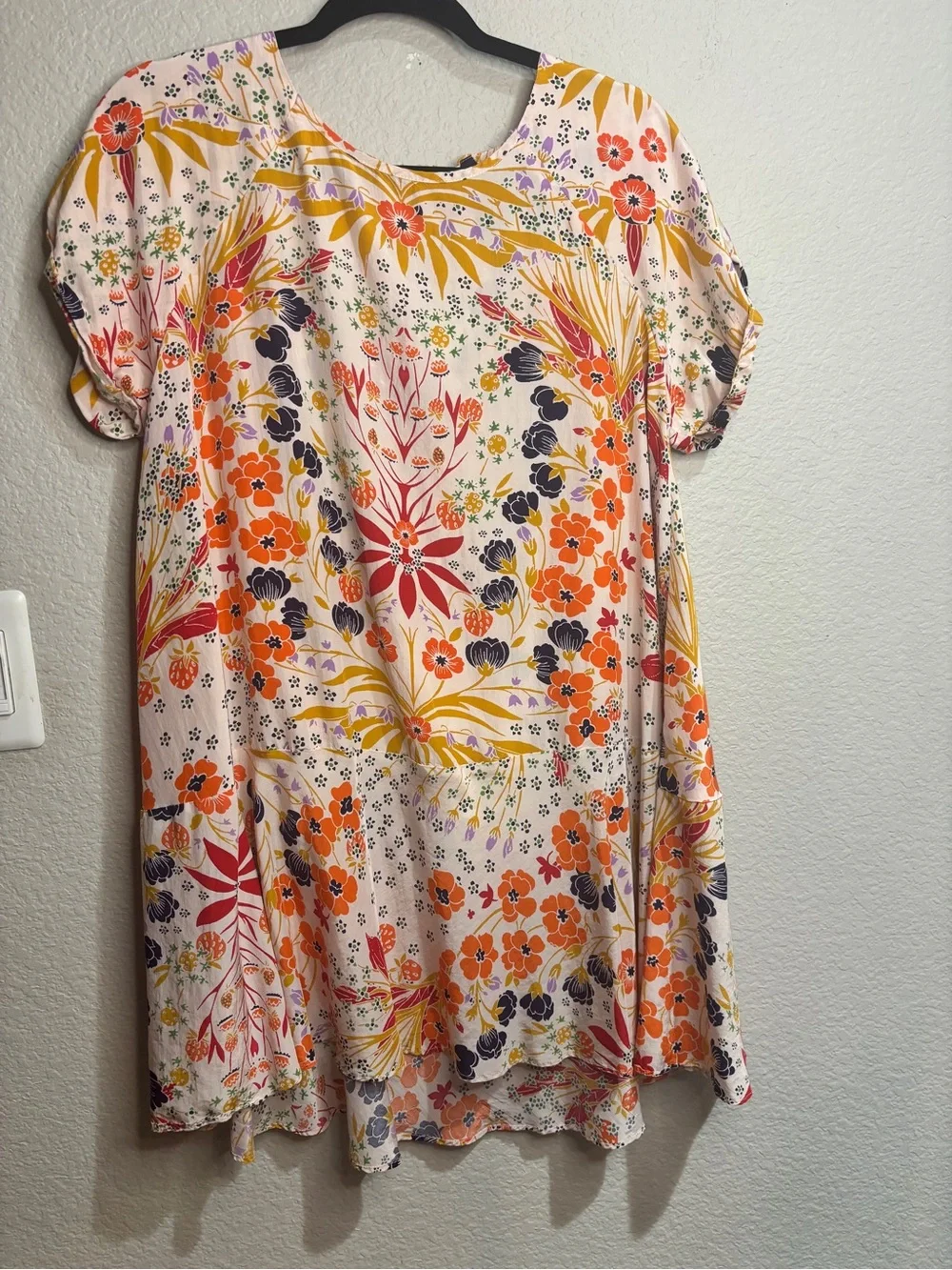 Free People Cream Floral High-Low Swing Dress with Orange and Navy Accents